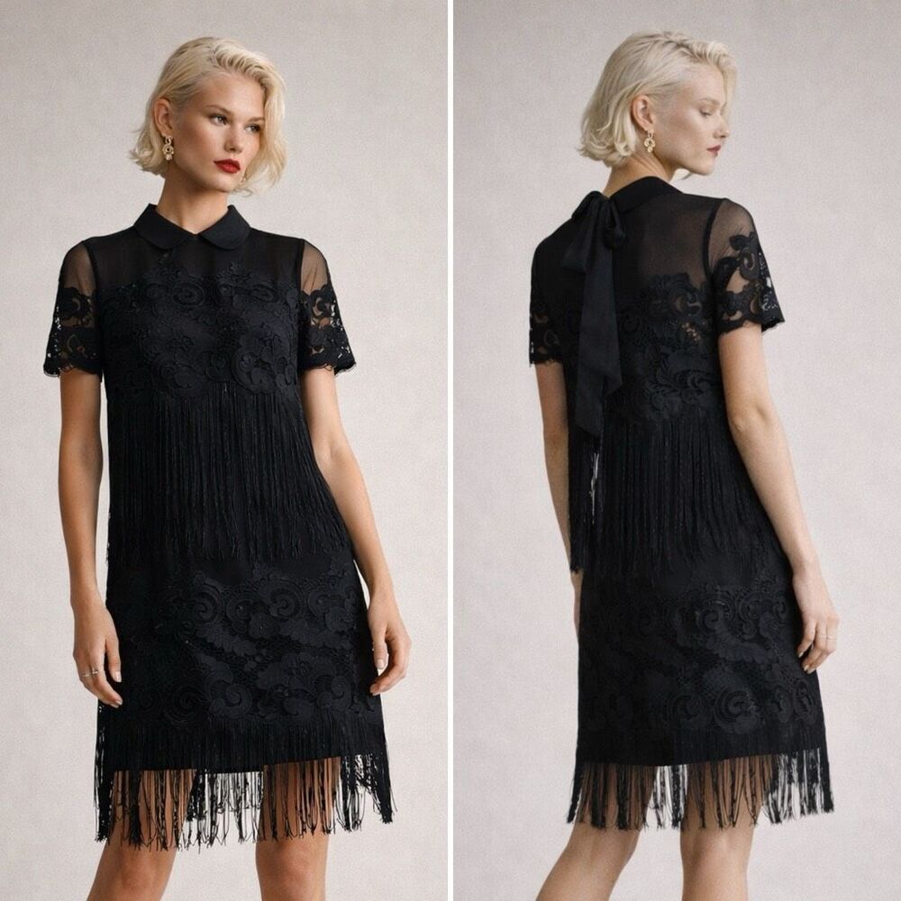Maeve Anthropologie Black Lace Fringe Shift Dress S Removable Collar Bow Back